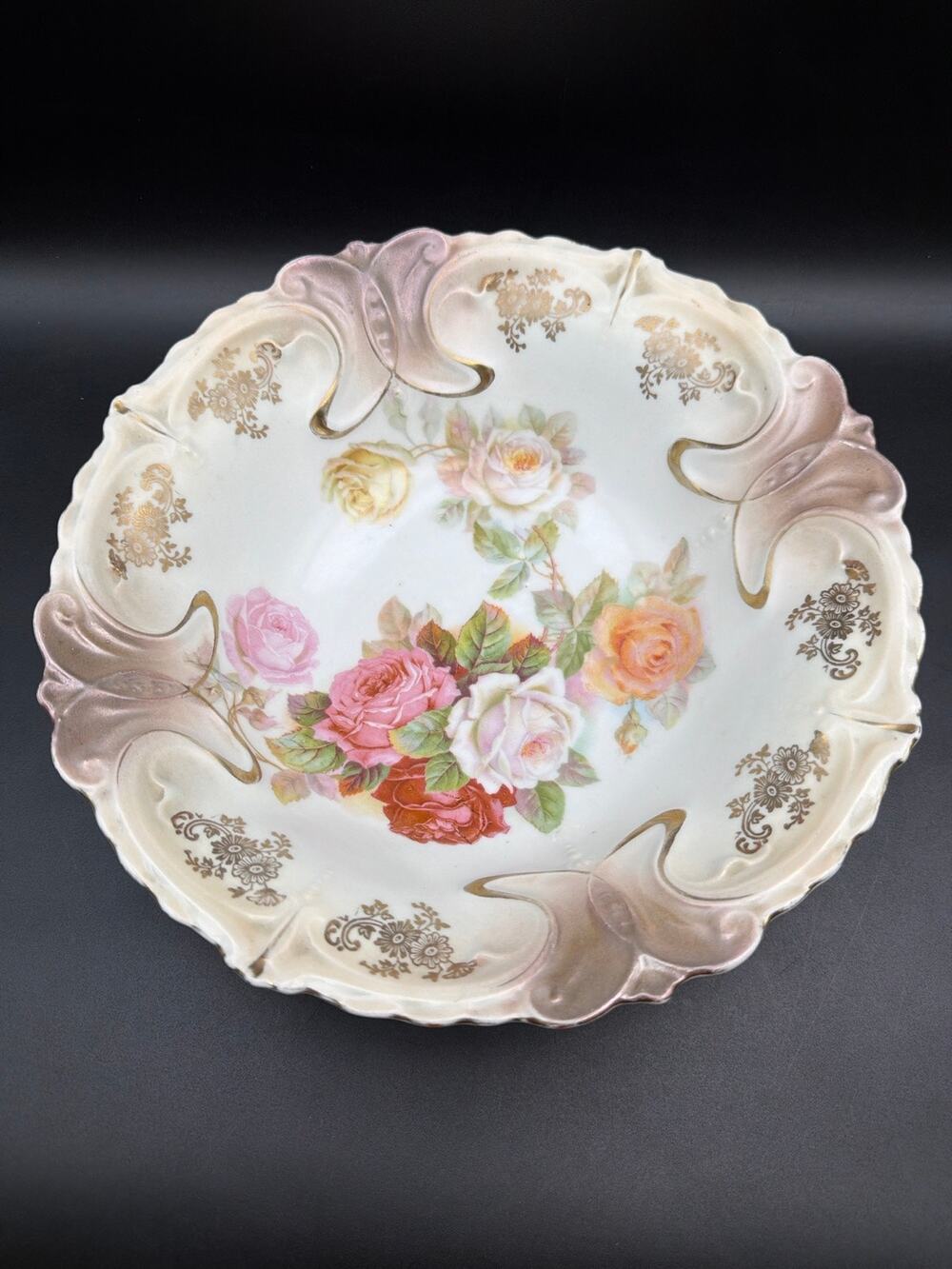 Antique Germany 101 Porcelain Serving Bowl 11” Roses Pink Gold Art Nouveau